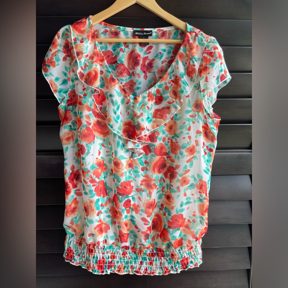 Slinky Ruffled Floral Blouse with Cap Sleeves Size XL